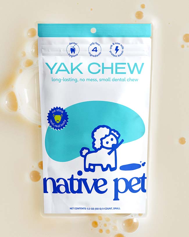 A package of Native Pet yak chews overlaid on milk froth