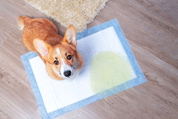 A Corgi sits on a stained potty pad and looks at the camera.