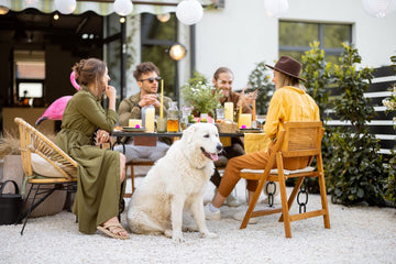 A dog sits with a group of people enjoying drinks in an outdoor dining space.