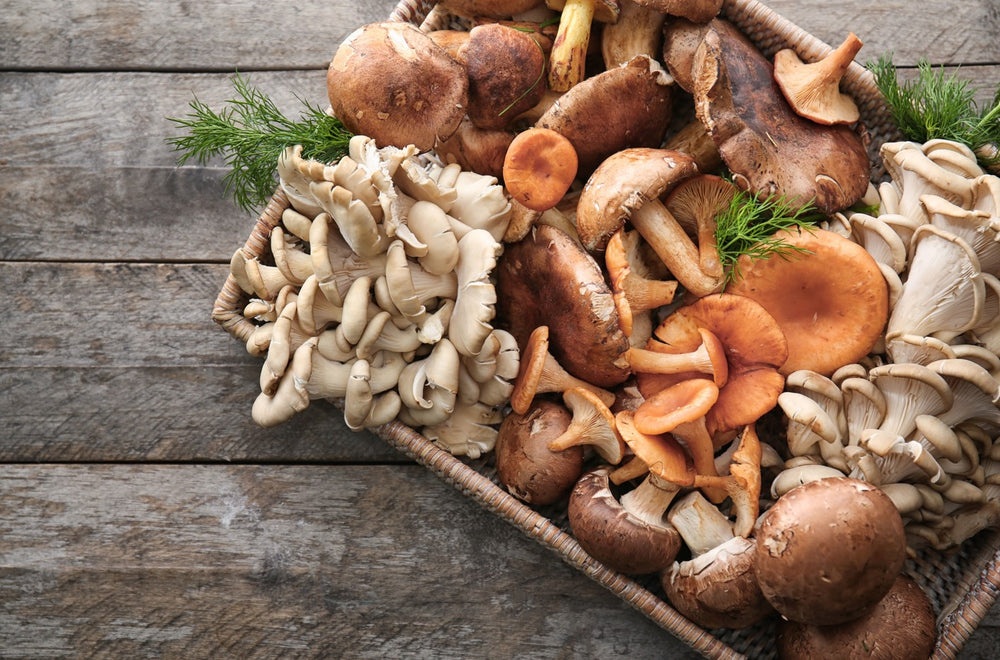 A basket of various mushrooms on a wooden table.