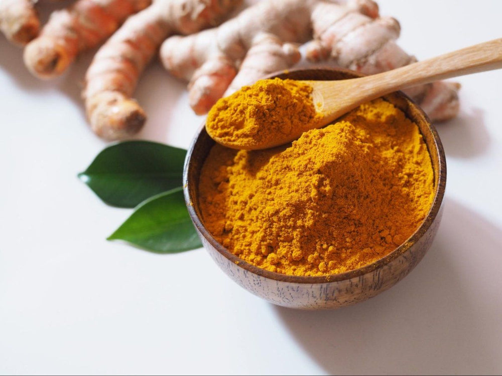 turmeric for dogs: Turmeric powder in a bowl and a wooden spoon with fresh turmeric roots in the background