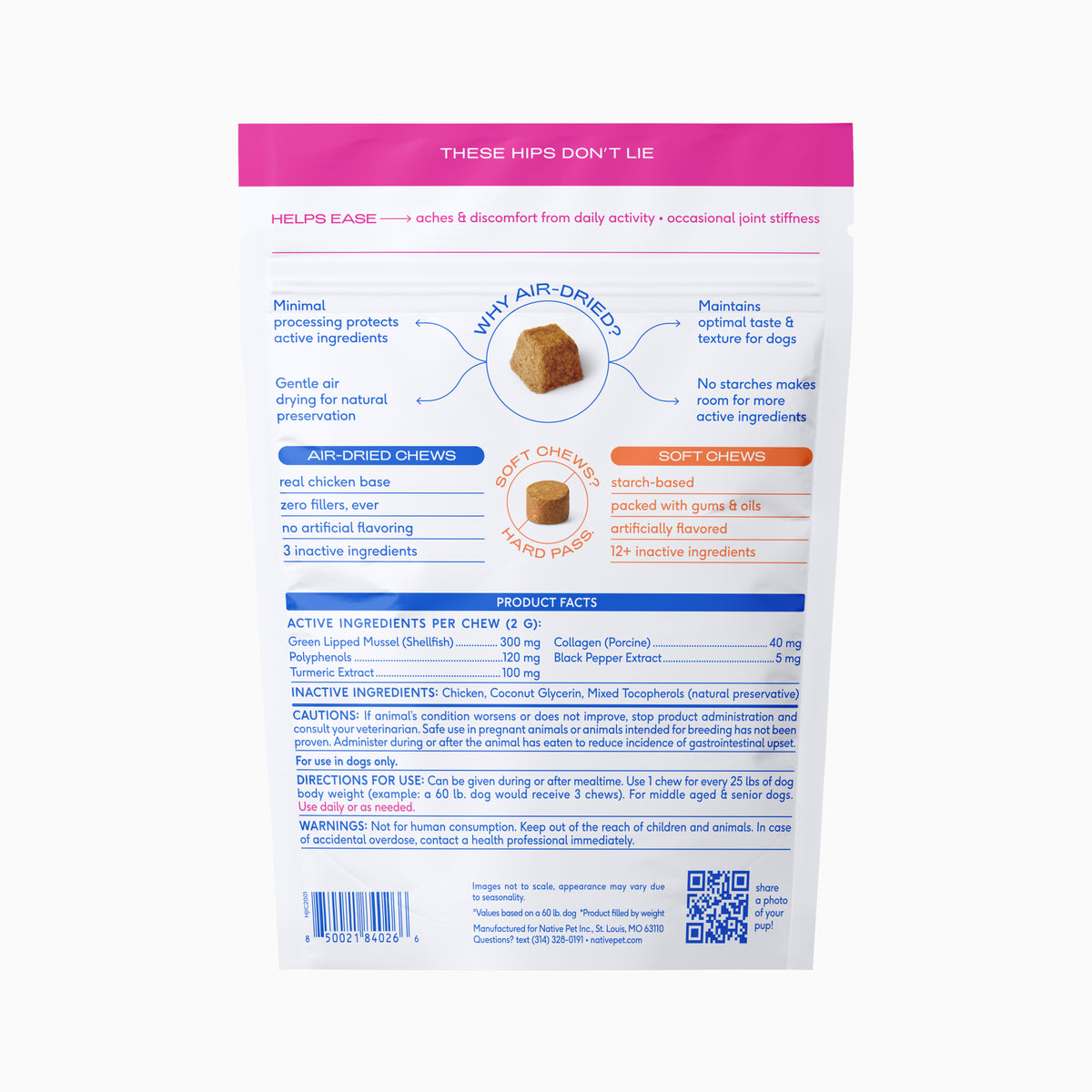 Native Pet Hip+Joint Inflammatory Care for Dogs - Back of Package