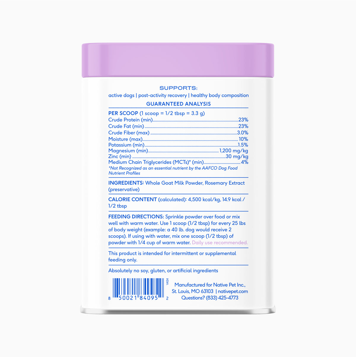 Native Pet Goat Milk for Dogs - Back of Package