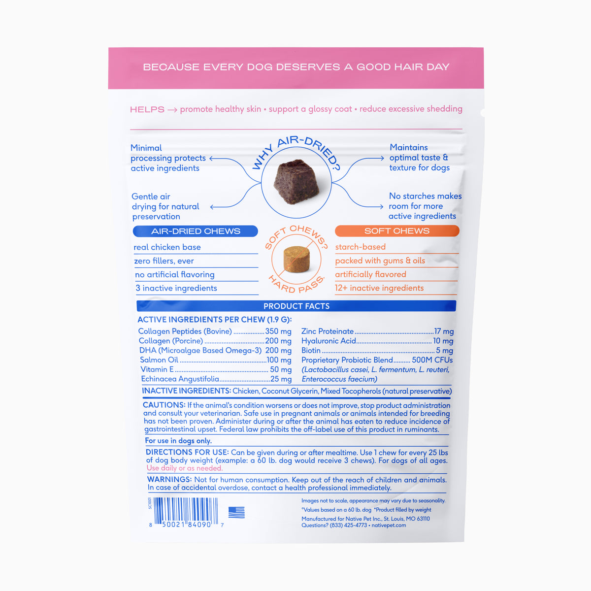 Native Pet Skin+Coat Chews for Dogs - Back of Package