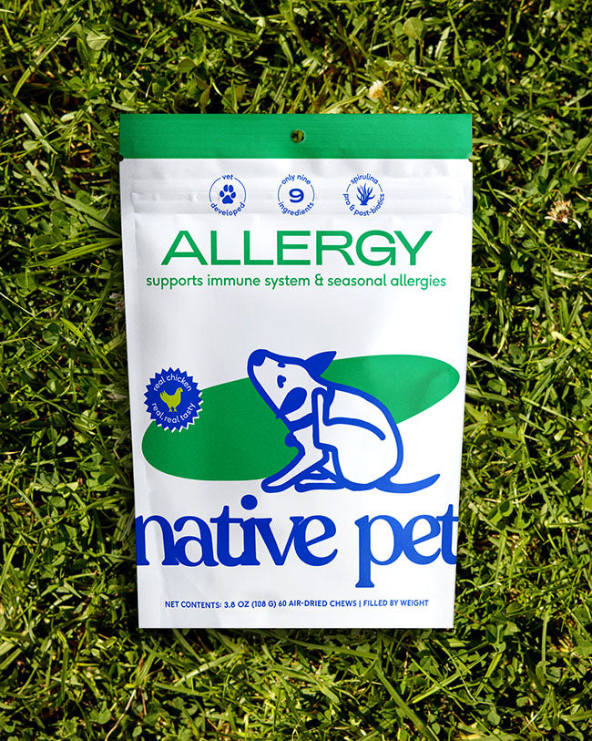 Native Pet Allergy Pouch of 60 Air Dried Chews with grass background