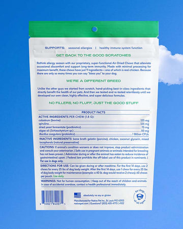 The back of pouch of Native Pet allergy air dried chews with ingredients & label