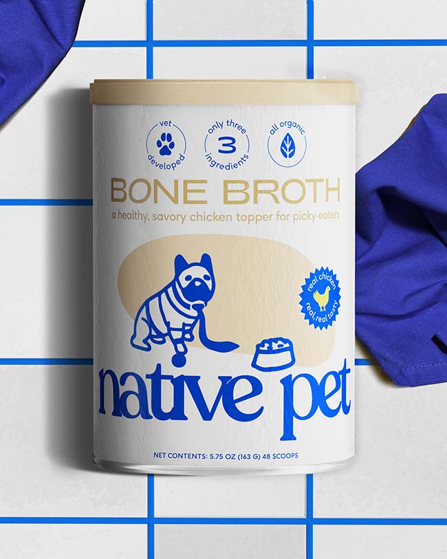 Native Pet Chicken Bone Broth 5.75 oz canister with a subway tile back drop
