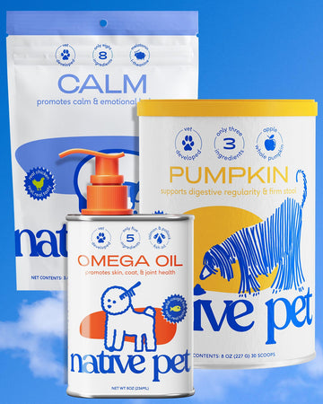  Native Pet Calm Chews Pouch, 8 oz Pumpkin canister, and 8 oz Omega Oil tin on a blue sky background
