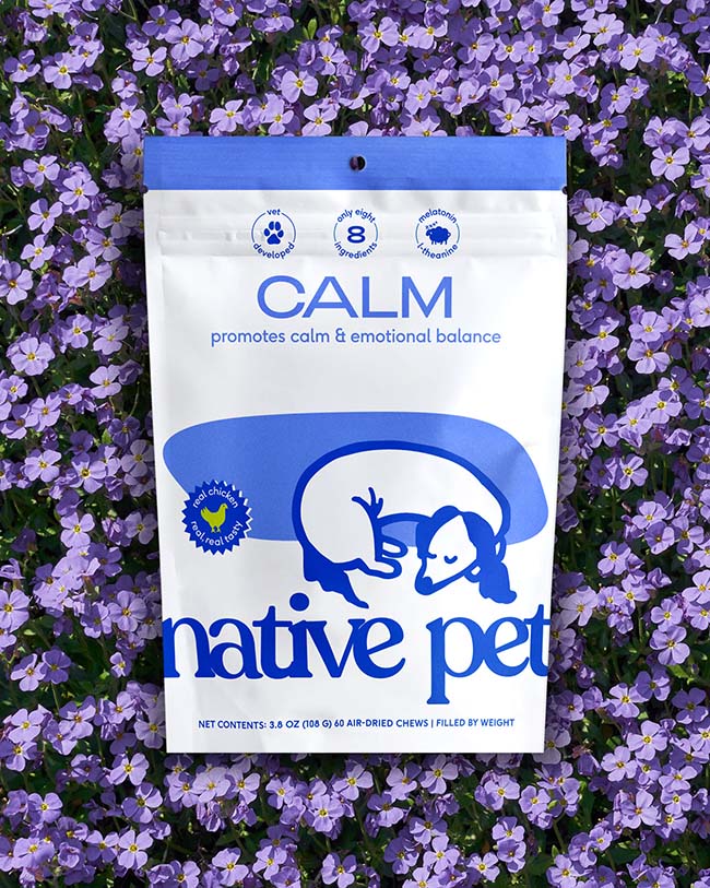 Package of Native Pet 60 count Calm Chews on a purple floral background