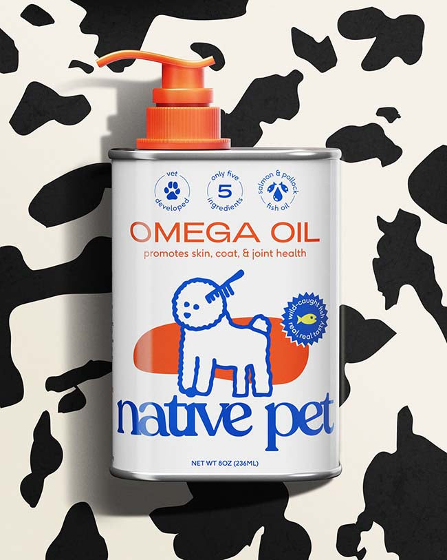Omega Oil 8 oz canister with a cow print background