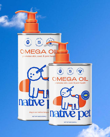 16 oz and 8 oz Native Pet omega oil tins overlayed on each other with a sky background