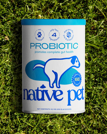 Native Pet Probiotic 8 Oz Canister with a Grassy Background