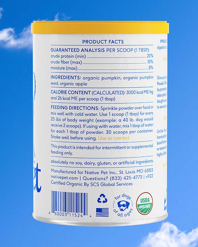 The back of a pumpkin powder canister with a sky background. The canister details product facts & ingredients