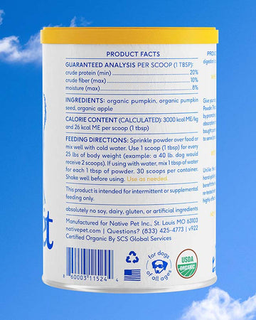 The back of a pumpkin powder canister with a sky background. The canister details product facts & in