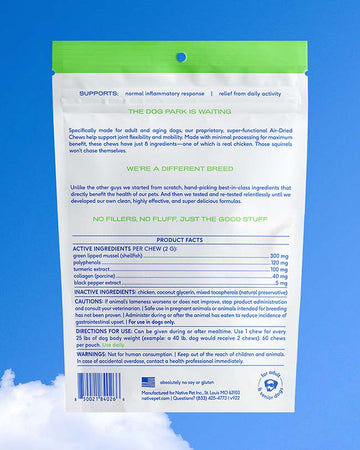 Native Pet back of pack relief chews. The packaging includes details on product facts and ingredient