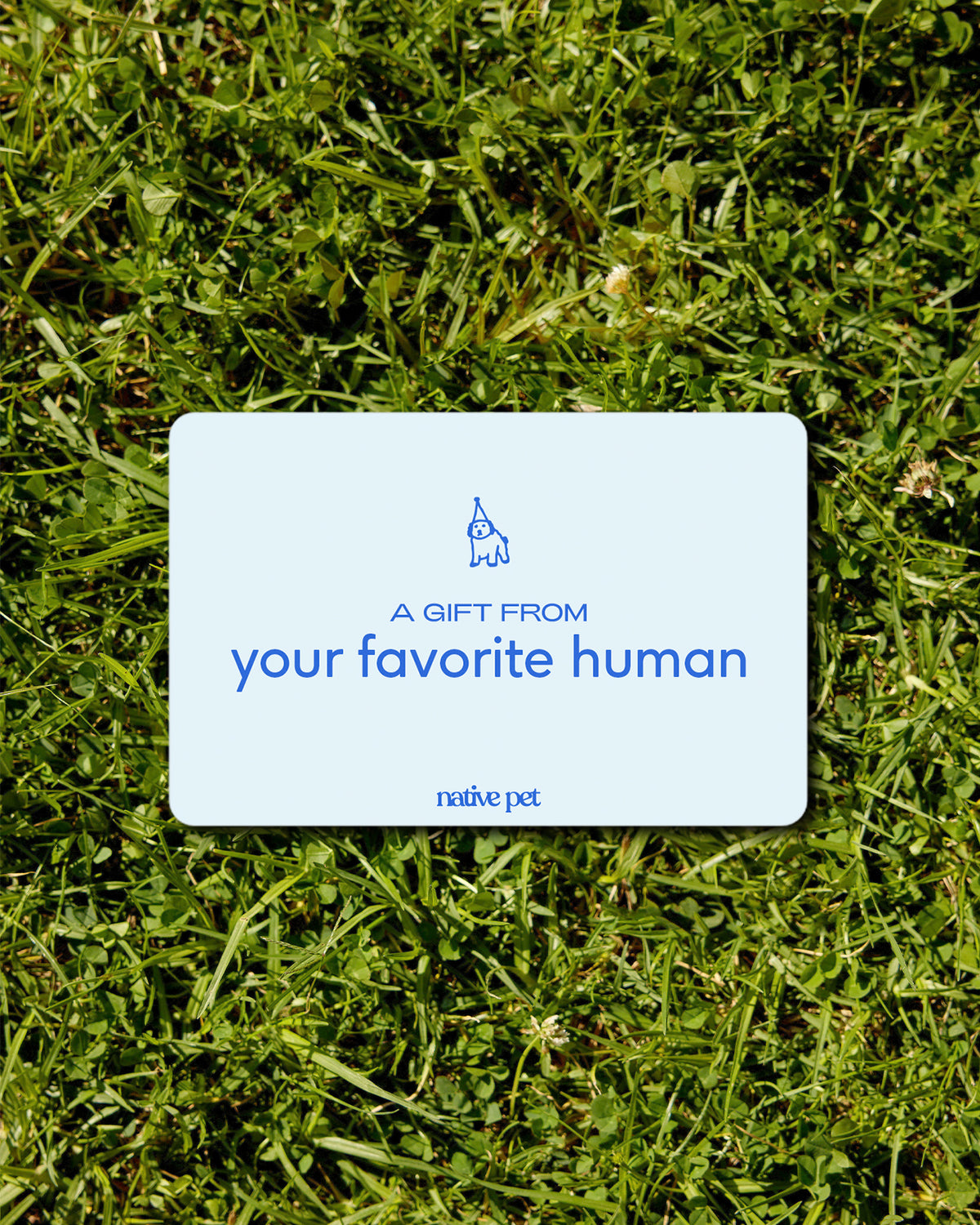 Image of Native Pet gift card on a grassy background. The copy says: "A gift from your favorite human."