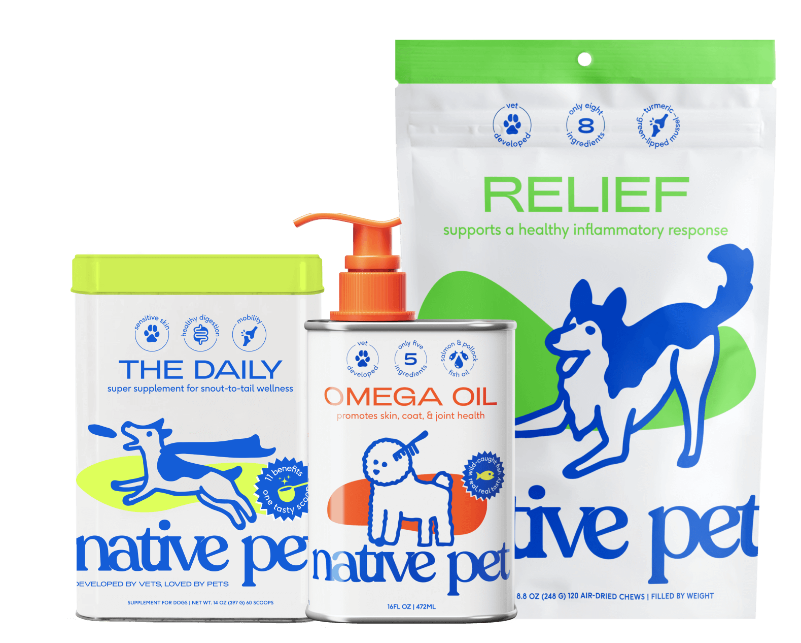 Native Pet The Daily, Omega Oil, and Relief Chews