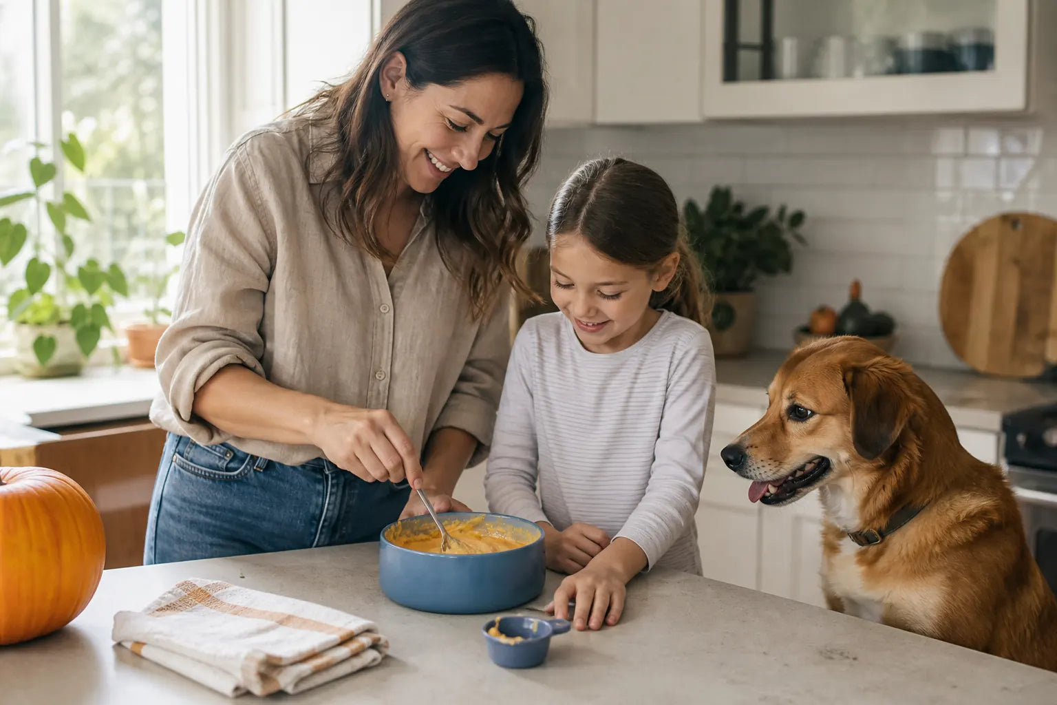A parent and child mixing a pumpkin treat for their dog in a home kitchen