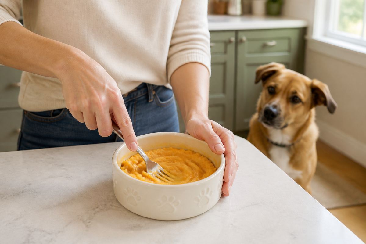 A pet parent mixing a Pup-kin treat in a dog bowl while their dog waits nearby